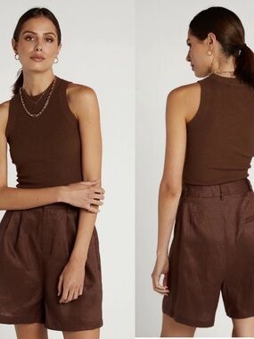DISSH CHOCOLATE BROWN LINEN TROUSER HIGH WAISTED PLEATED SHORTS US 4